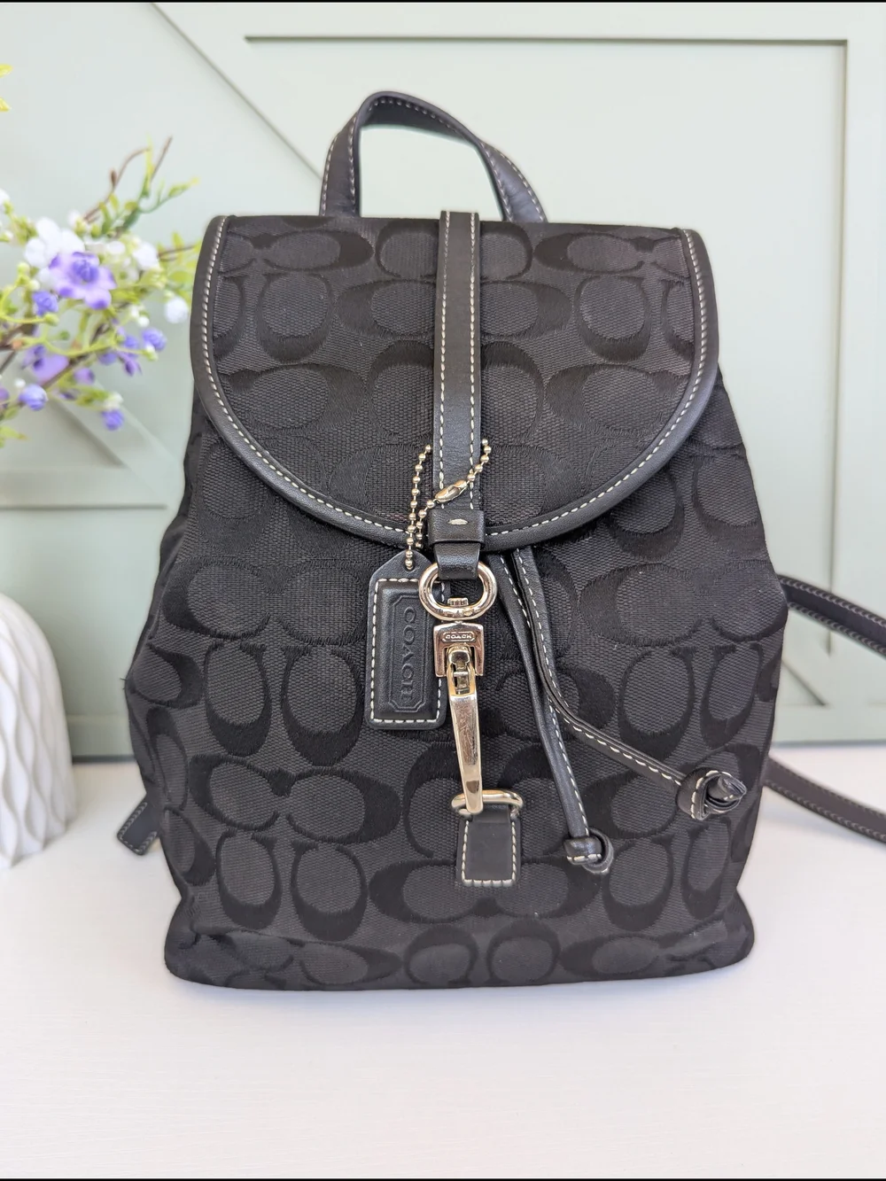 Coach Black Signature Canvas Mini Backpack with Leather Trim